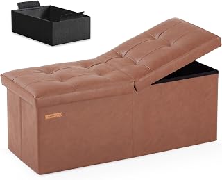 HAUSFRAU 31.5" Folding Storage Ottoman Bench with Flipping Lid - Faux Leather Footrest Stool for Bedroom, Retro Brown