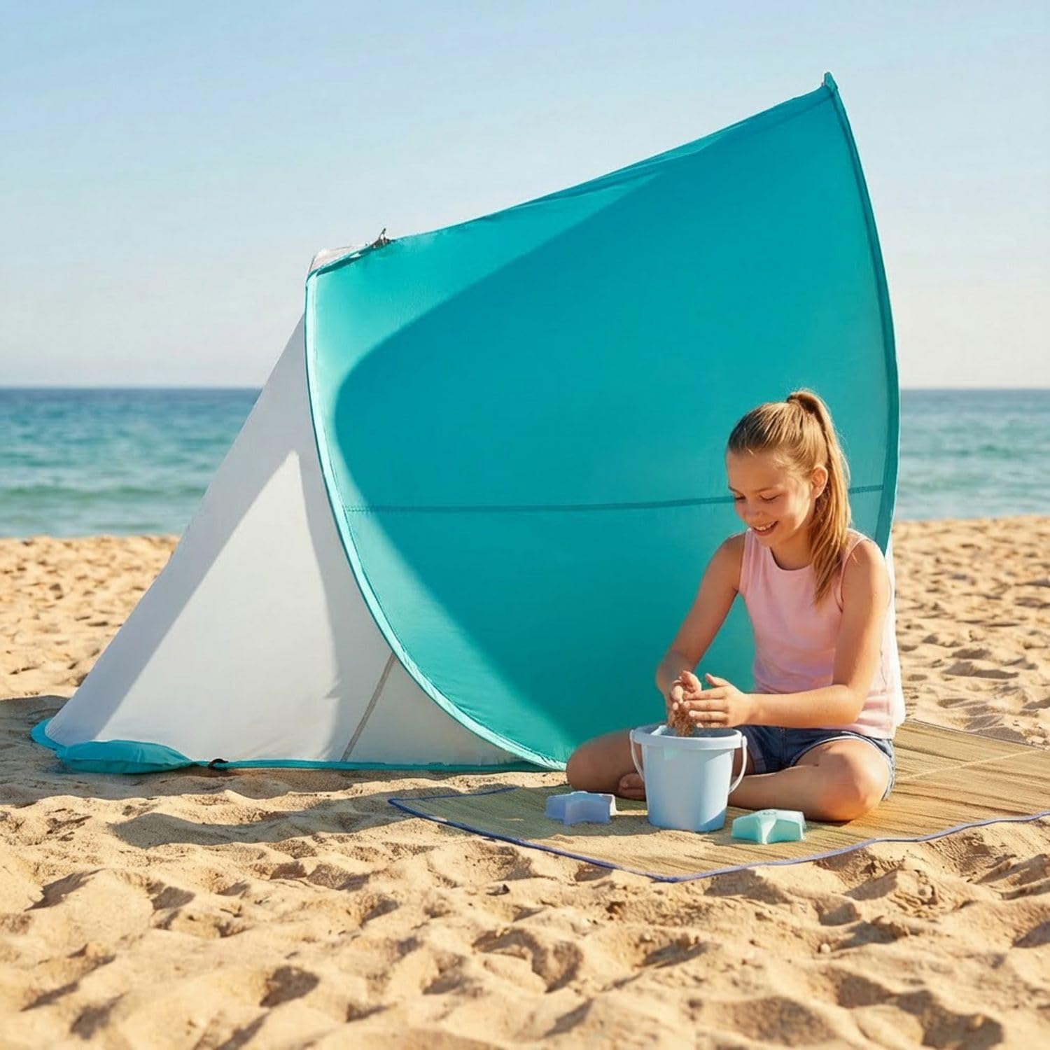 Tente de Plage Bébé Pop-Up Anti-UV 50+ Outtec, avec Poches à Sable et Sac de Transport, Idéale pour Famille, Camping, Jardin, Turquoise