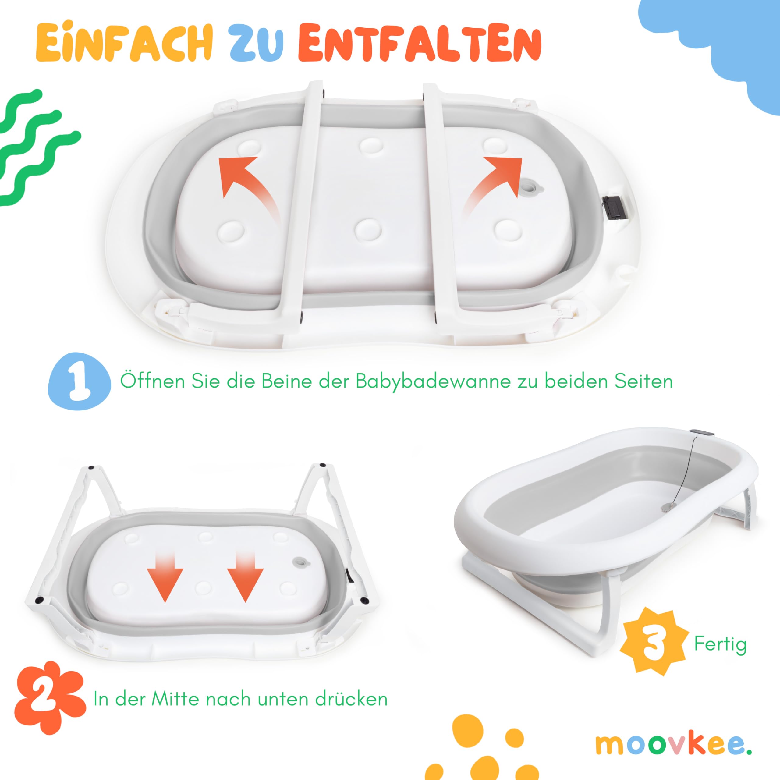 Baby Badewanne 80cm - Babybadewanne Faltbar Grau 0-36 Monate | mit Thermometer und Badesitz Baby Bathtub für Kinder Kinderbadewanne Tragbare