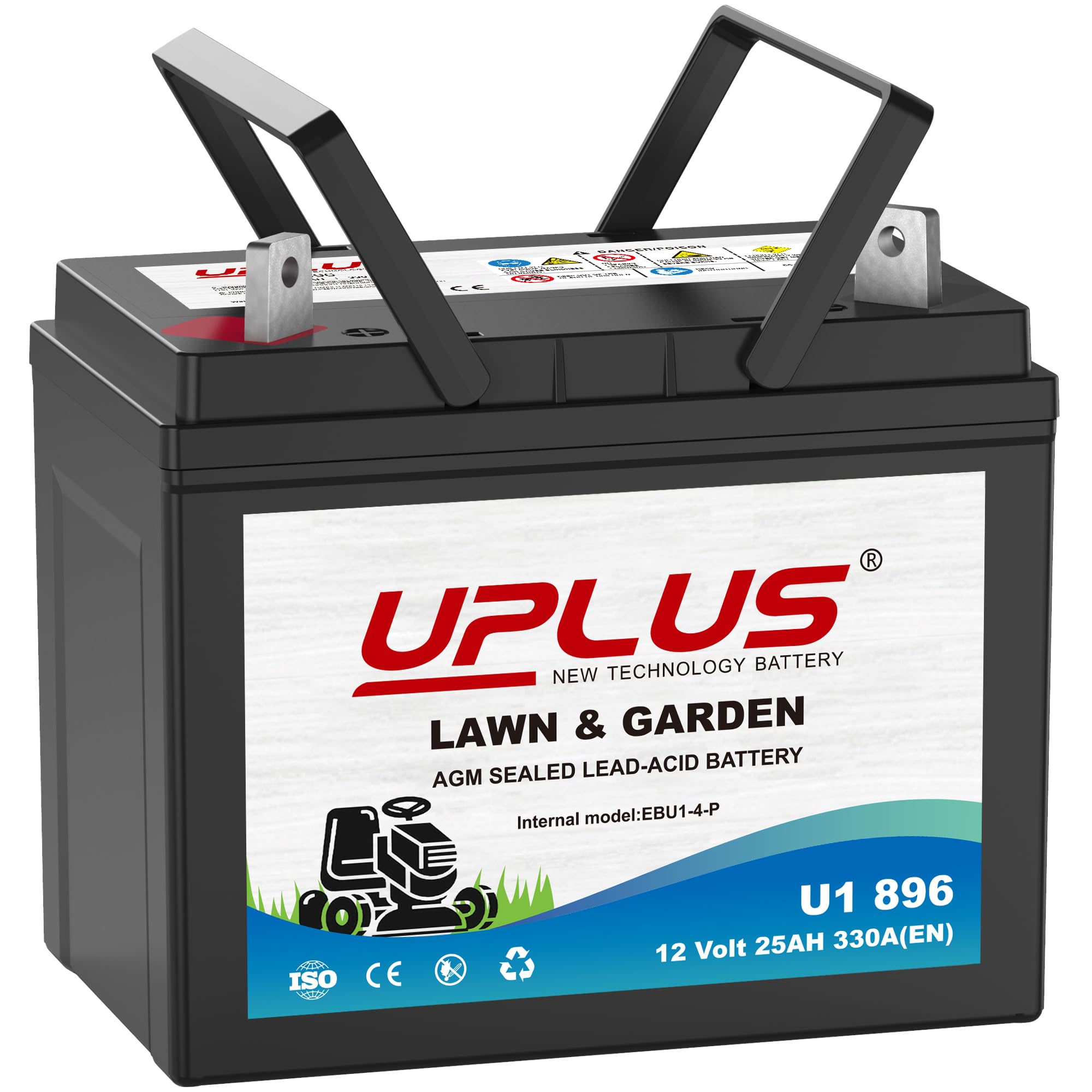 UPLUS 896 U1 Batterie pour tondeuse à gazon autoportée 12 V 330CCA Tracteurs de jardin Sans entretien Compatible avec John Deere/Countax/Cub Cadet/MTD/Hayter Terminal : +, -