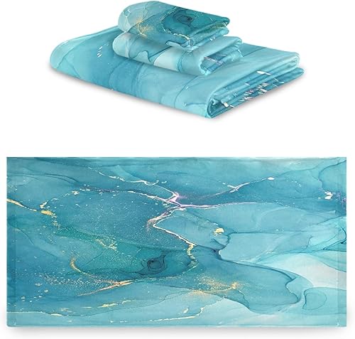 Miniatura 2 de ALAZA Juego de 3 toallas de baño de arte fluido abstracto de mármol azul, 1 toalla de baño, 1 toalla de mano, 1 toallita suave, multiusos para baño,