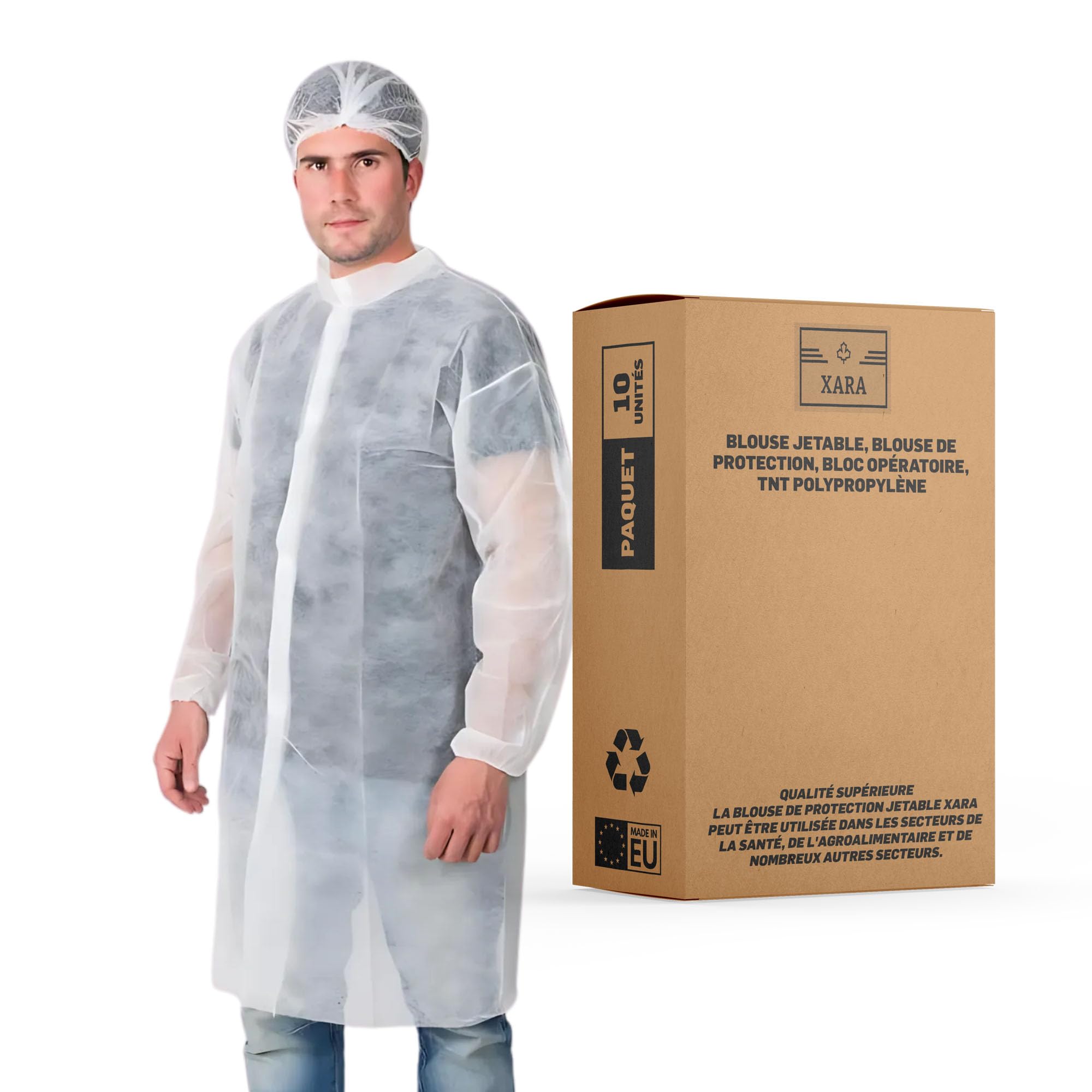XARA Blouses Jetables Medical TNT avec Fermeture par Contact de 35 g - Lot 10 - Surblouse Jetable Respirant et Résistant - Protection et Hygiène - Taille Unique L - 105x127CM - Couleur Blanc