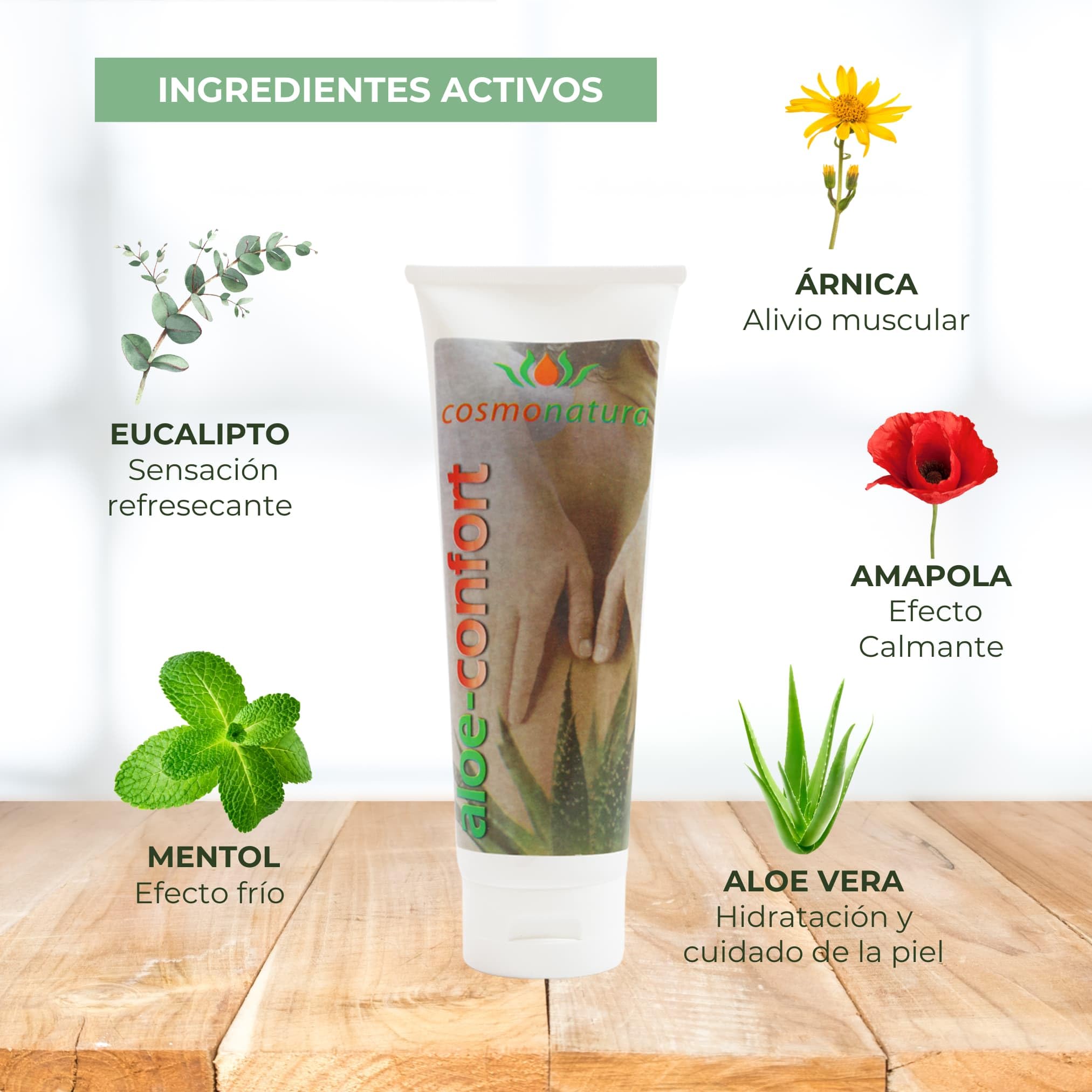 Aloeconfort Gel-Crema Masaje Muscular 250 ml – 100% Aloe Vera + Árnica, Mentol & Eucalipto – Alivio y Relajación de Músculos & Articulaciones – Uso Post-Deporte y Diario - Cosmonatura