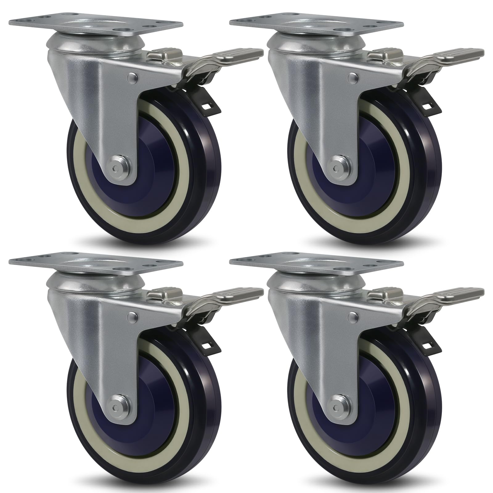 SY America 4" X 1.25"Heavy Duty Casters,4 Swivel Total Lock Brake Casters,Polyurethane on Polyolefin Caster Set of 4, Industrial Caster Wheels for