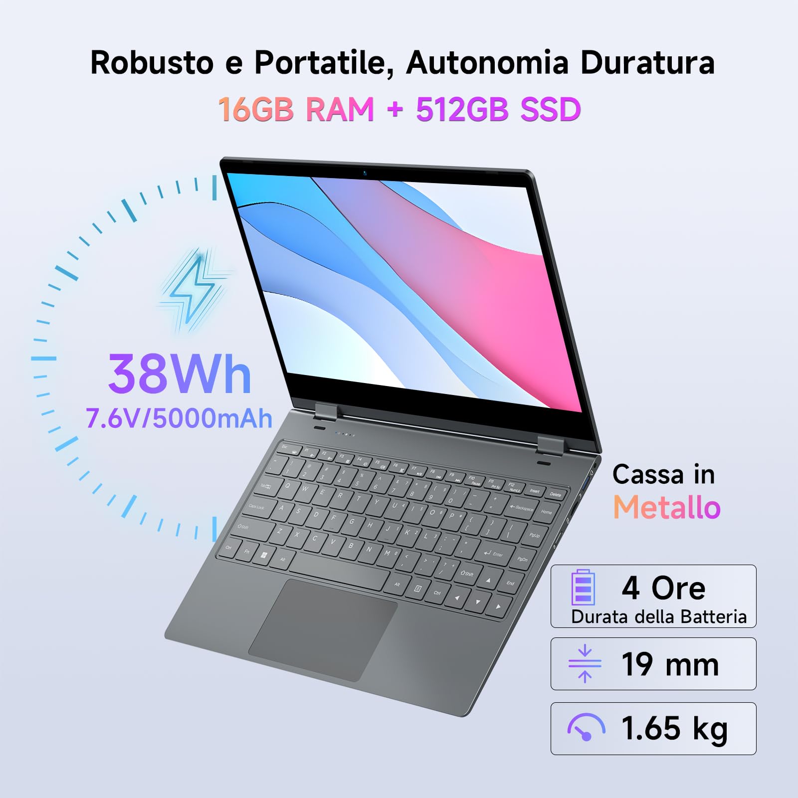 BMAX PC Portatile Intel N150 Notebook 14 Pollici 2 in 1 Touchscreen Computer Portatile 16GB RAM 512GB SSD Win 11 Tastiera Retroilluminata USB 3,2, Type C, BT5.0, Film per Tastiera Italiana
