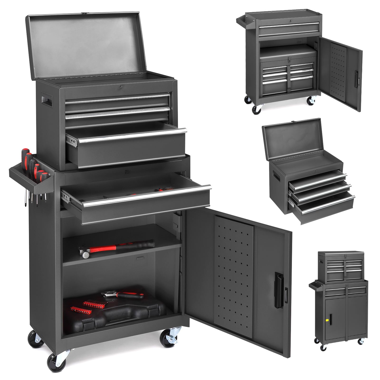 LEADZM Servante d'Atelier Outils avec Coffre Amovible, 6 Tiroirs(Noir) | Etabli Garage，Armoire à Étagère Réglable& Caisse à Outil Roulante，pour Garage, Atelier
