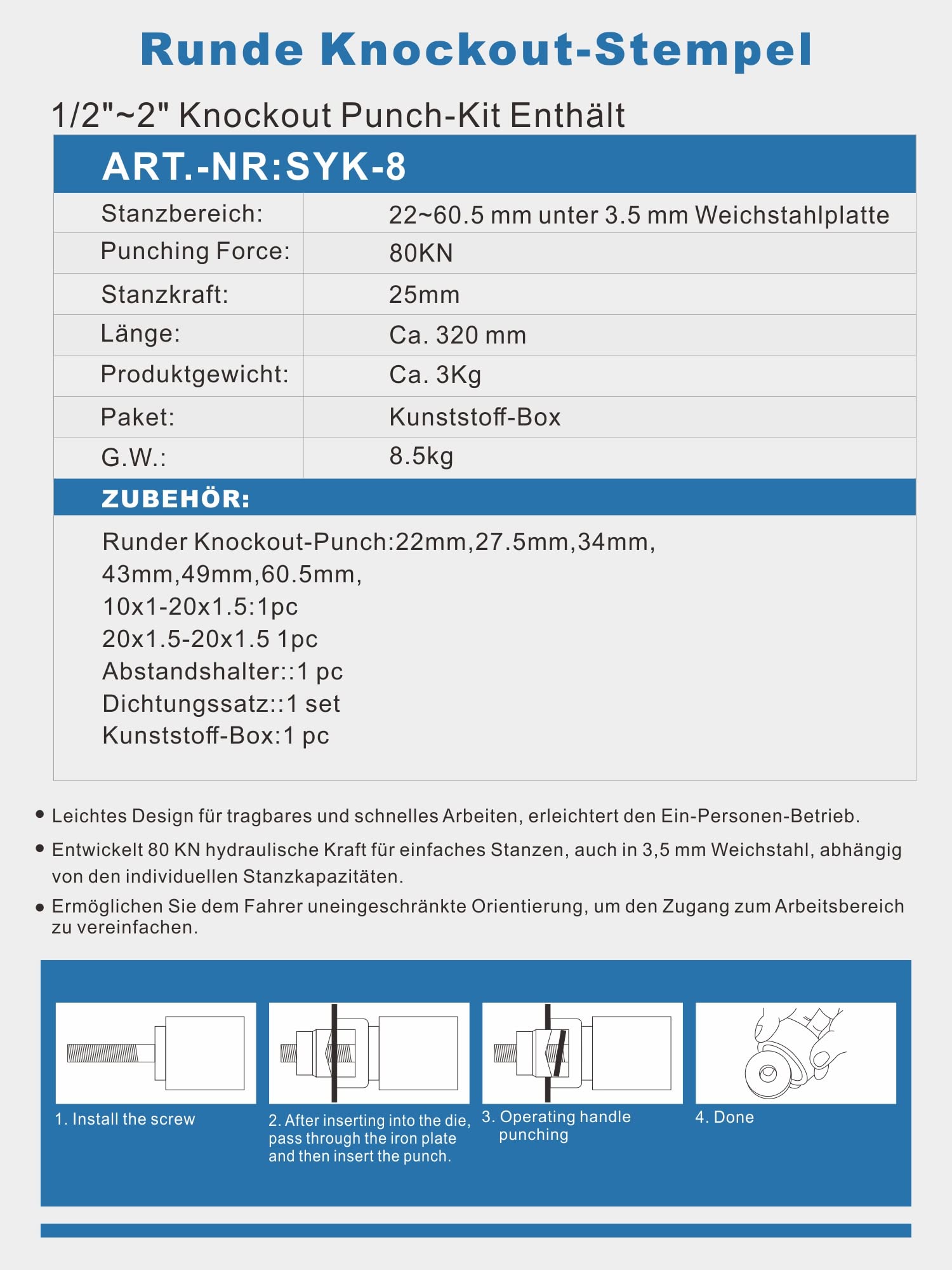 AMZCNC 8T hidráulico Knockout Punch eléctrico de canal de cables Kit de herramientas KO Kit con 6 juegos de formas de apertura (22 mm ~ 60,5 mm) para acero y metales, Punches Knockout