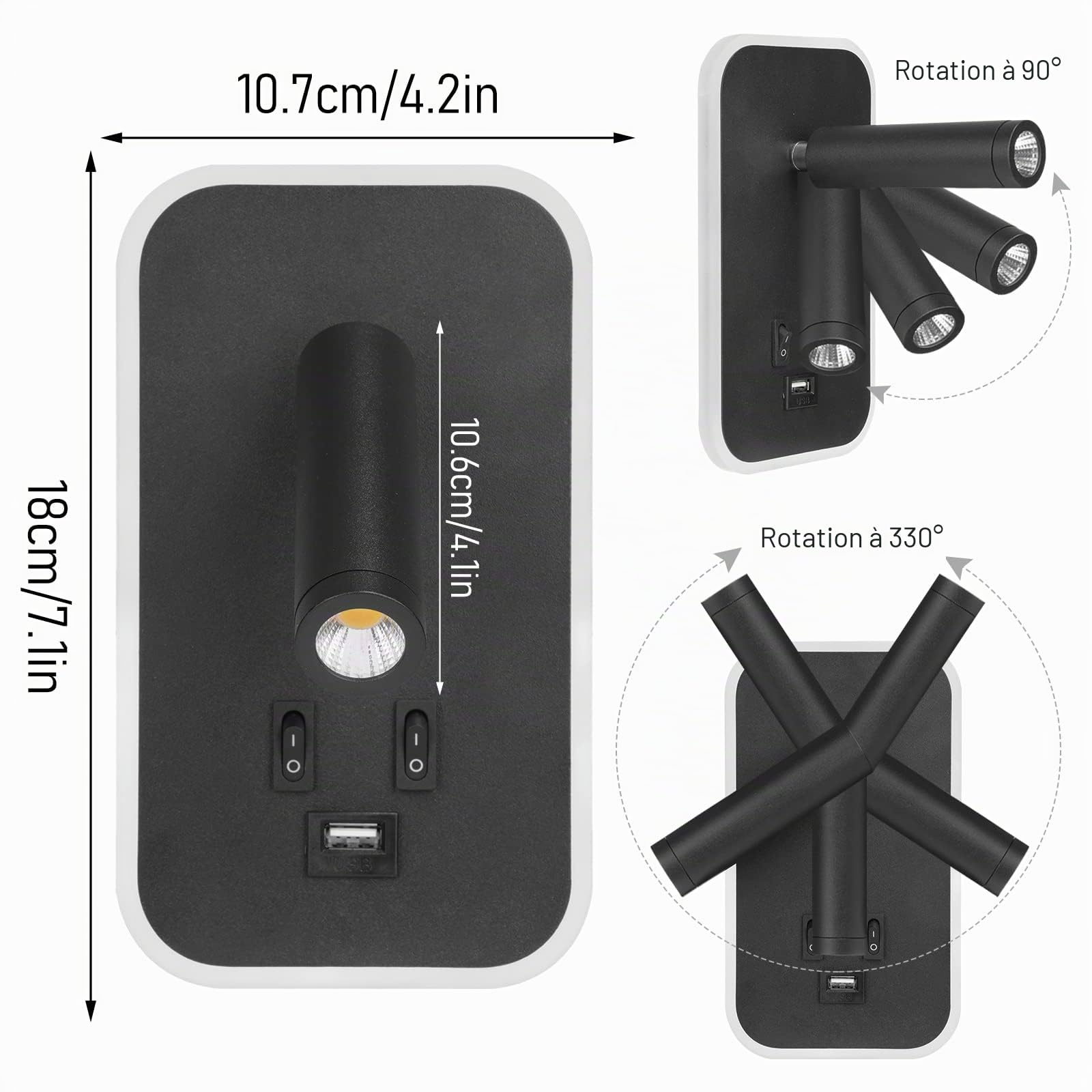 Liseuse de Chevet, 2PCS Applique Murale LED Chambre avec Interrupteur et Charge USB, 3W+9W 3000K Fixation Murale Spot Rotatif, Lumières Mural Lit Lampe Murale Couloir Hotel (Noir-2pcs)