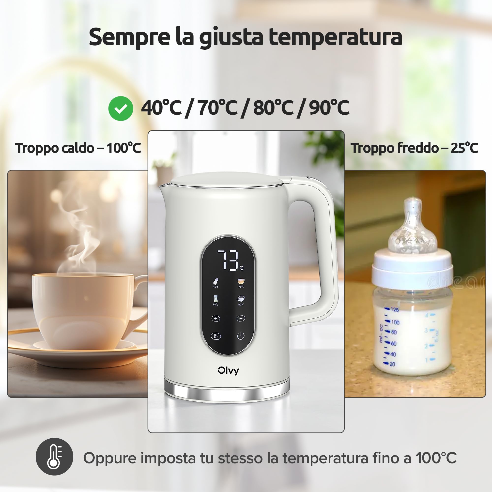 Olvy Bollitore Elettrico Senza Fili 1,7L con Controllo della Temperatura – Kettle Elettrico in Acciaio Inox, Doppia Parete Isolante, Funzione Mantenimento Caldo – Bollitori Elettrici 2200W