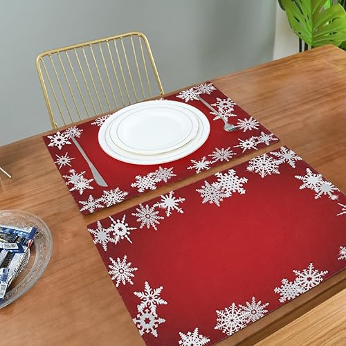 Miniatura 5 de Bolaz Juego de 4 manteles individuales abstractos con diseño de copo de nieve rojo de Navidad, lavables, para cocina, comedor, decoración de mesa
