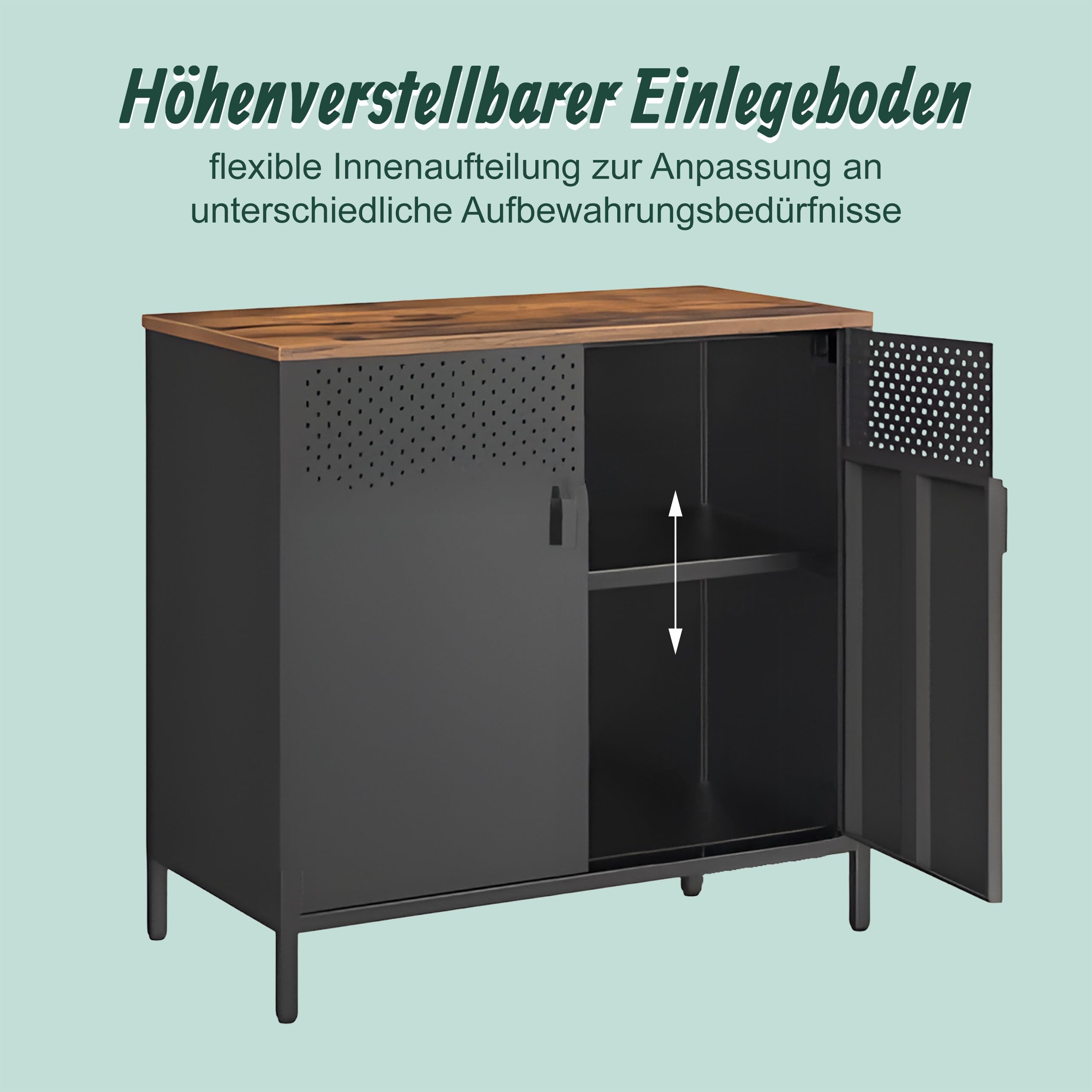 Relaxdays Metallschrank, HxBxT: 77 x 80 x 40 cm, 2 Türen, Verstellbarer Einlegeboden, Büroschrank Metall, schwarz/braun