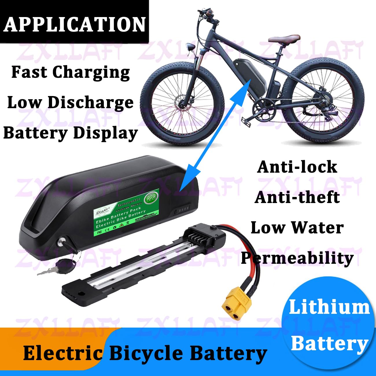 Lithiumbatterie 36V E-Bike-Akku 48V Ersatzbatterien 52V Elektrofahrradbatterien mit BMS, Ladegerät, Diebstahlsicherung, Betriebsanzeige und 5-Pin-Entladesockel