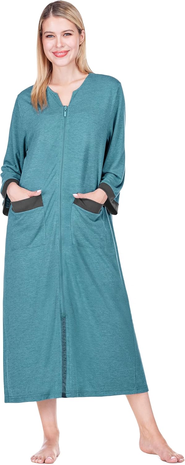 PAVILIA Premium Womens Robe Housecoat, 3/4 Sleeves Zip Up Nightgown For Women Pockets, Soft Bathrobe Zipper Loungewear Dress
