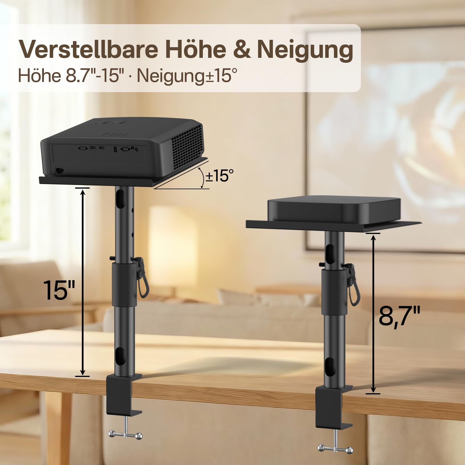 Support de Bureau Réglable en Hauteur, Inclinaison et Pivotement pour Projecteurs Aurzen, Nebula, XGIMI, VANKYO, Epson et la Plupart des Modèles - Support de Projecteur à Fixation par Pince sur Bureau