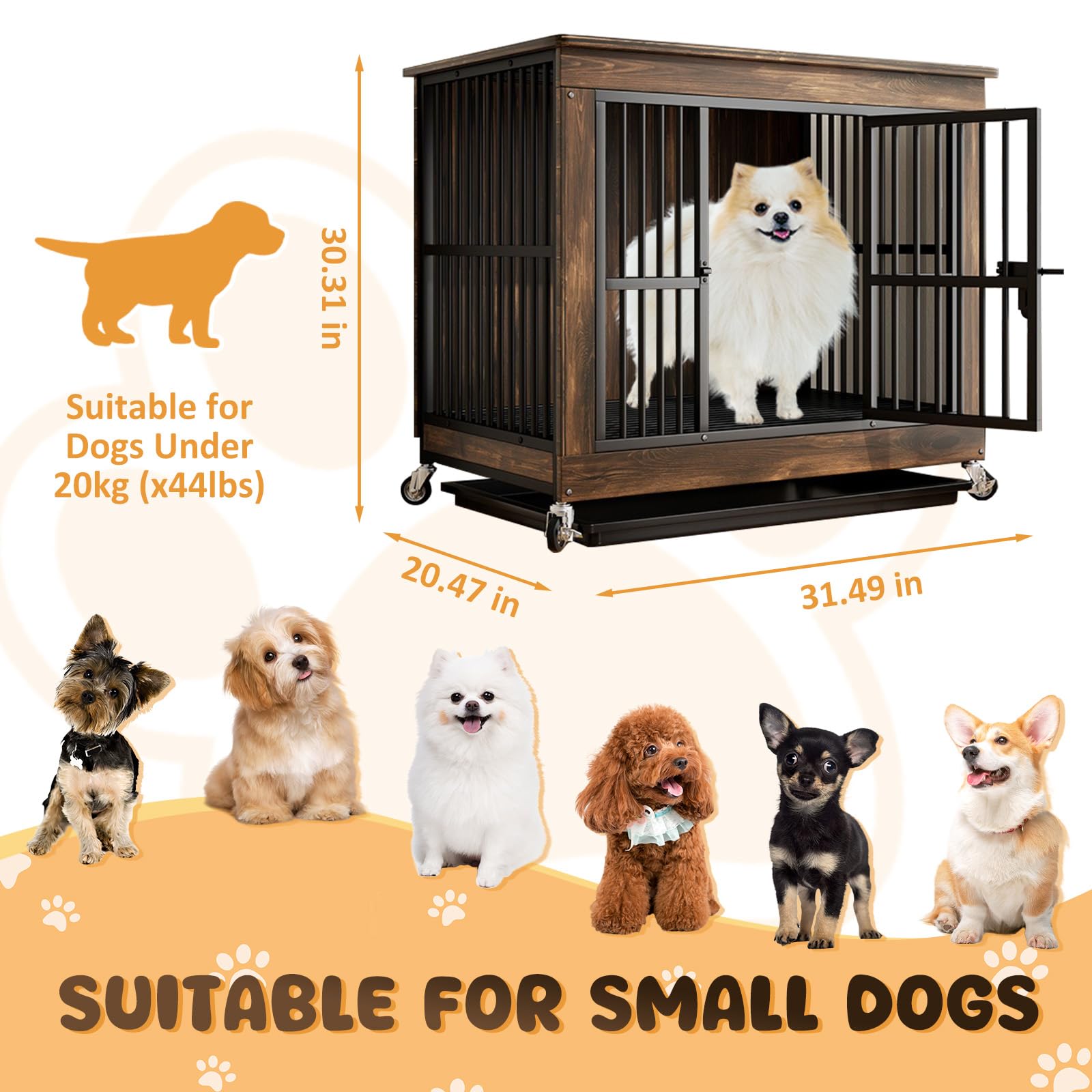 Jaula de Madera para Perros con Bandeja Extraíble y Ruedas | Diseño tipo mueble, Techo resistente, Marrón, 80 × 52 × 77 cm, Tamaño S