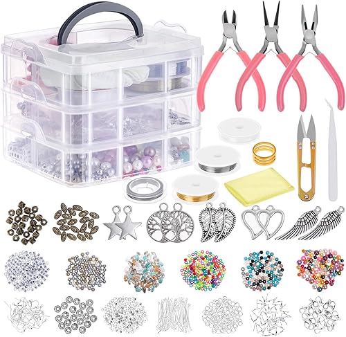 Cridoz Kit de suministros para hacer joyas herramientas, alicates, alambre de cuentas, cuentas y abalorios, para hacer collares, aretes y pulseras y