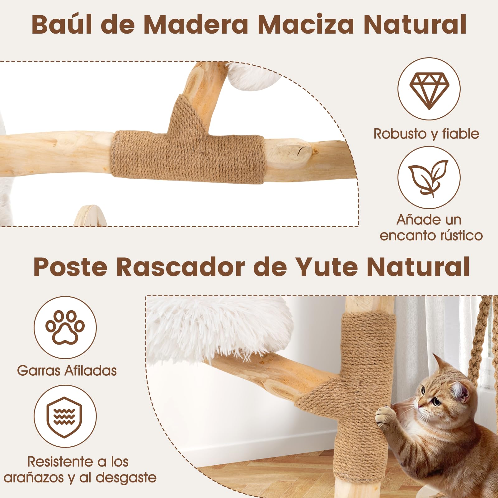 COSTWAY Árbol Rascador para Gatos Moderno, Marco de Madera Peral, 66 cm Torre para Gatitos con Cuna Colgante, Arbol Gatos con Plataforma Acolchada, Cojín de Peluche Suave, Poste de Yute, Blanco