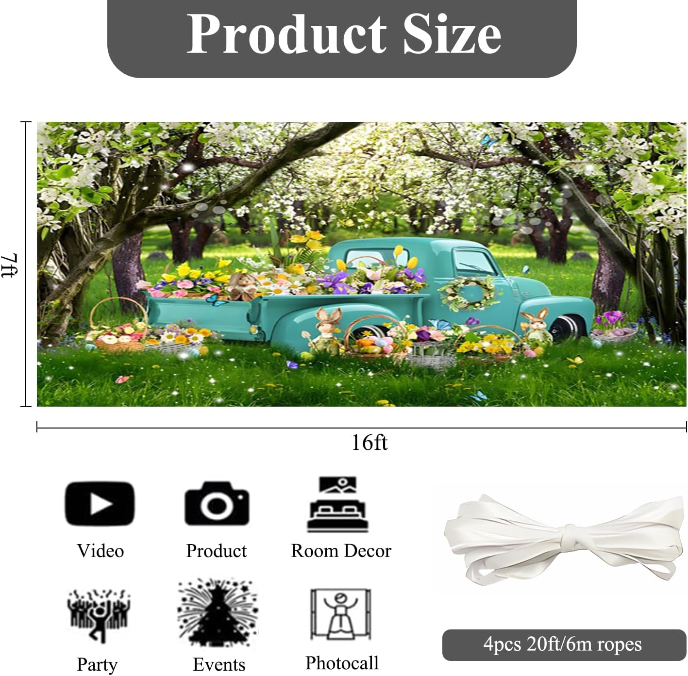 OERJU Easter Garage Door Banner Cover Mural Blue Truck Colorful Eggs Flowers Rabbit Easter Garage Door Decorations Indoor Outdoor Wall Cover Spring Holiday Party Supplies Home Decor 7x16ft