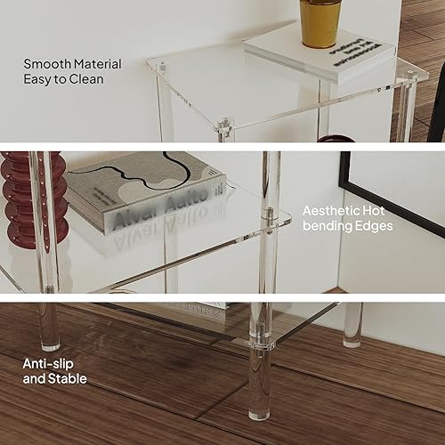 Miniatura 4 de Aquiver Mesa auxiliar alta de acrílico, mesa auxiliar de 3 niveles para espacios pequeños, mesita de noche alta transparente para sala de estar,