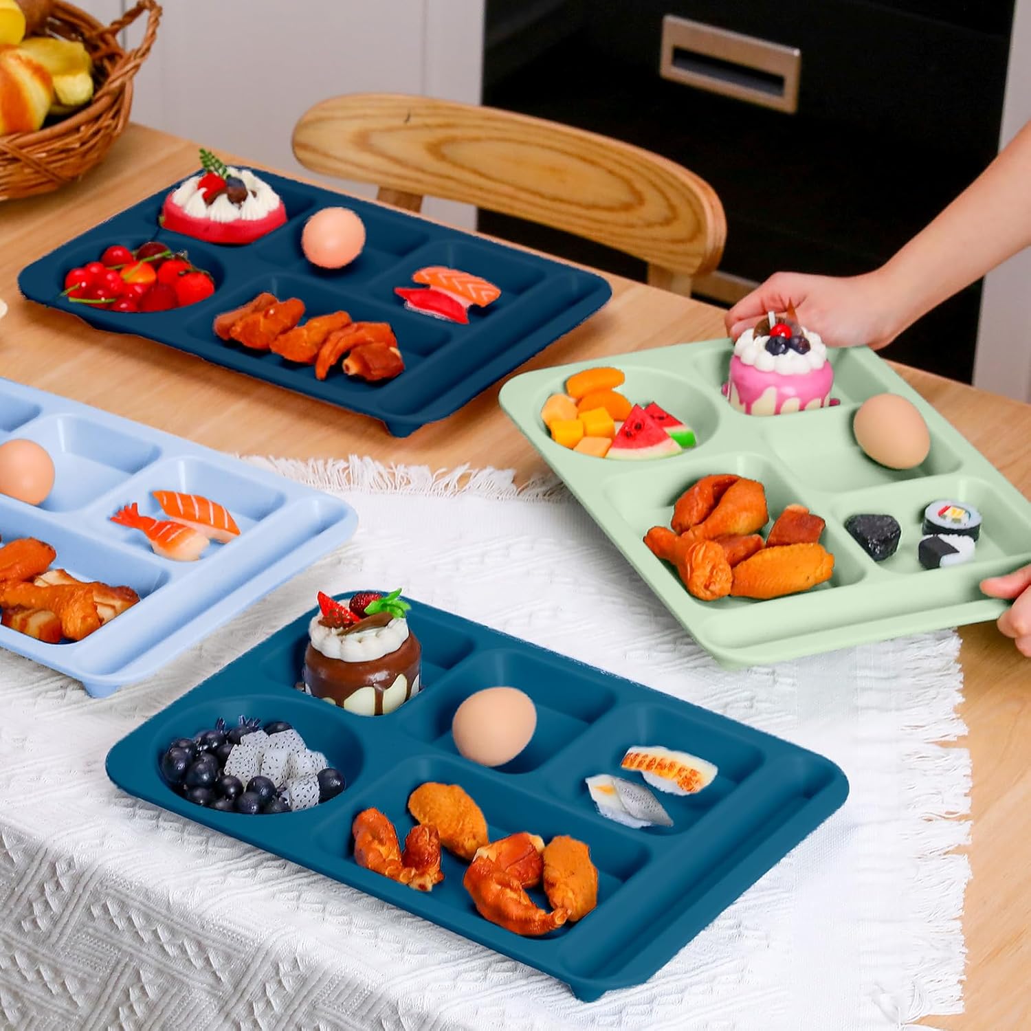 Pinkunn 12 Pcs 14'' Large Divided Plates Unbreakable Wheat Straw Lunch Trays 6 Compartments Cafeteria Trays Microwave Dishwasher Safe Food Separator Plates (Blue, Green, Dark Blue, Dark Green)