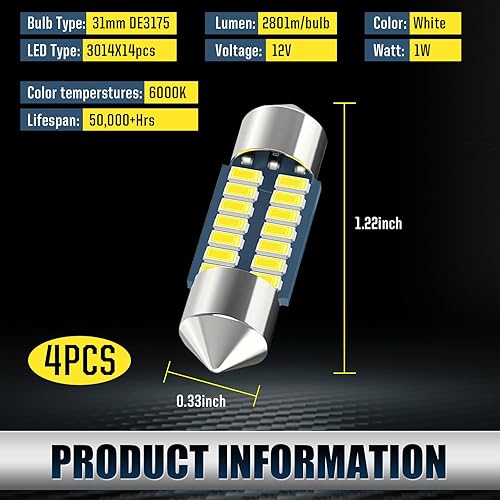 Miniatura 2 de 4 luces LED de doble punta para automóvil de 1.220 in, chip 3014 de 360  envolvente luminoso de cúpula para mapa, luz de lectura, luz de matrícula,