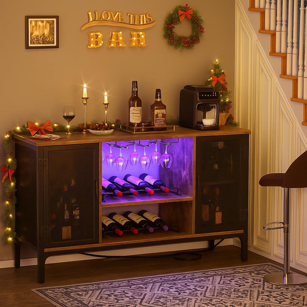 Homieasy Wine Bar Cabinet with Power Outlets & LED Lights, Industrial Coffee Bar Cabinet with Wine Rack for Home Bar, Liquor Bar Storage Cabinet for Home, Kitchen, Living Room, Rustic Brown