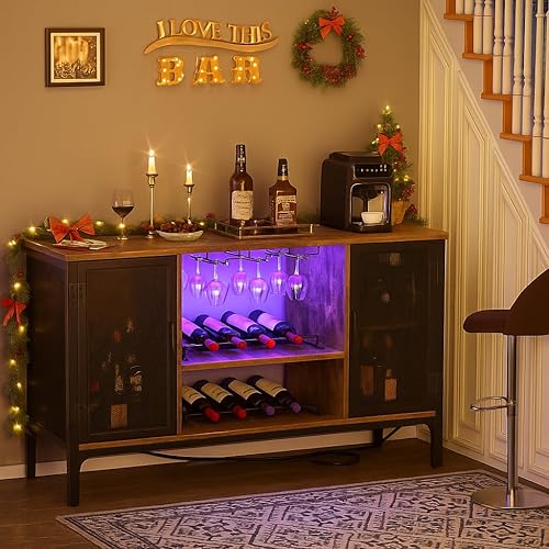 Miniatura 2 de Homieasy Armario para bar de vinos con tomas de corriente y luces LED, gabinete de licor industrial con estantes ajustables para vino, gabinetes de