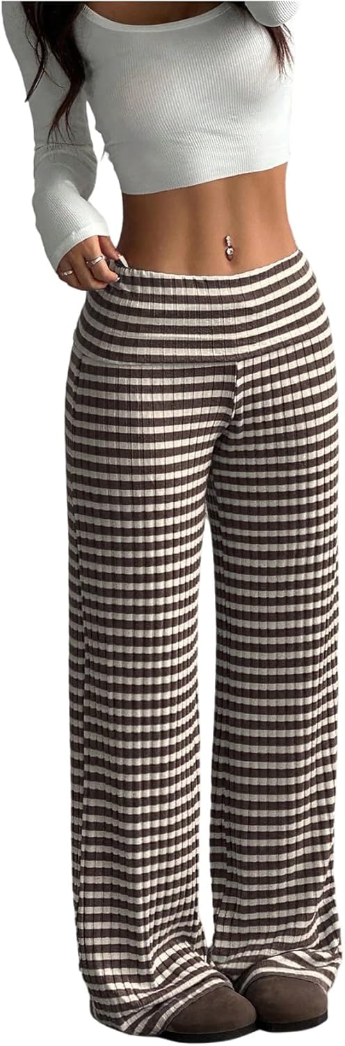 SOLY HUX Women's Wide Leg Striped Pants Elastic Low Waist Knit Casual Trousers Fall Clothes