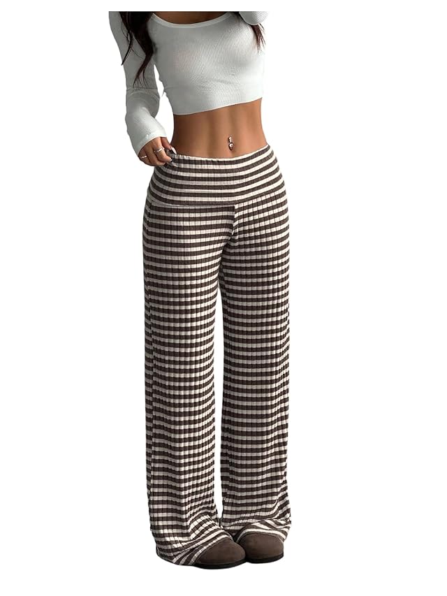 SOLY HUX Womens Wide Leg Striped Pants Elastic Low Waist Knit Casual Trousers Fall Clothes