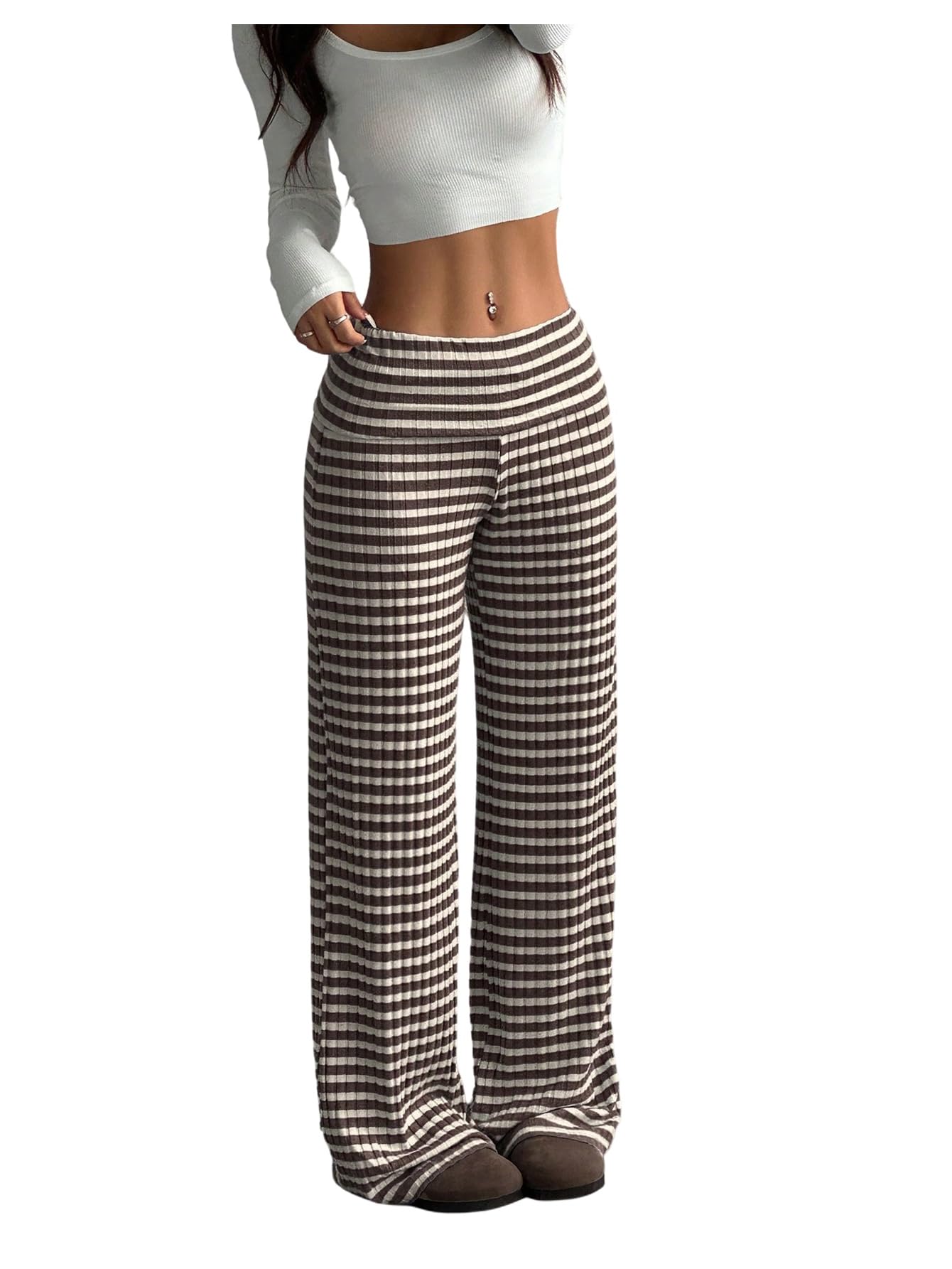 SOLY HUX Womens Wide Leg Striped Pants Elastic Low Waist Knit Casual Trousers Fall Clothes