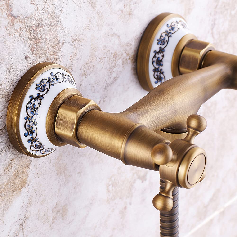 Grifo Bañera Con Alcachofa De Mano Mezclador De Bañera De Negro Latón Montaje En Pared, Incluye Soporte Y Manguera De 150 Cm, Dos Asas Grifo De Ducha, Antiguo