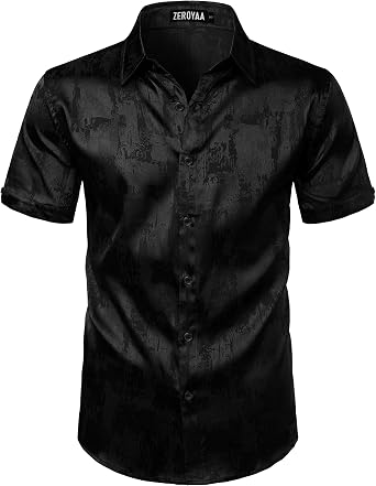 ZEROYAA Mens Shiny Luxury Silk Satin Jacquard Dress Shirt Short Sleeve Button Up Shirts for Party Prom