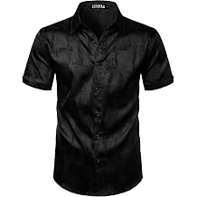 ZEROYAA Mens Shiny Luxury Silk Satin Jacquard Dress Shirt Short Sleeve Button Up Shirts for Party Prom