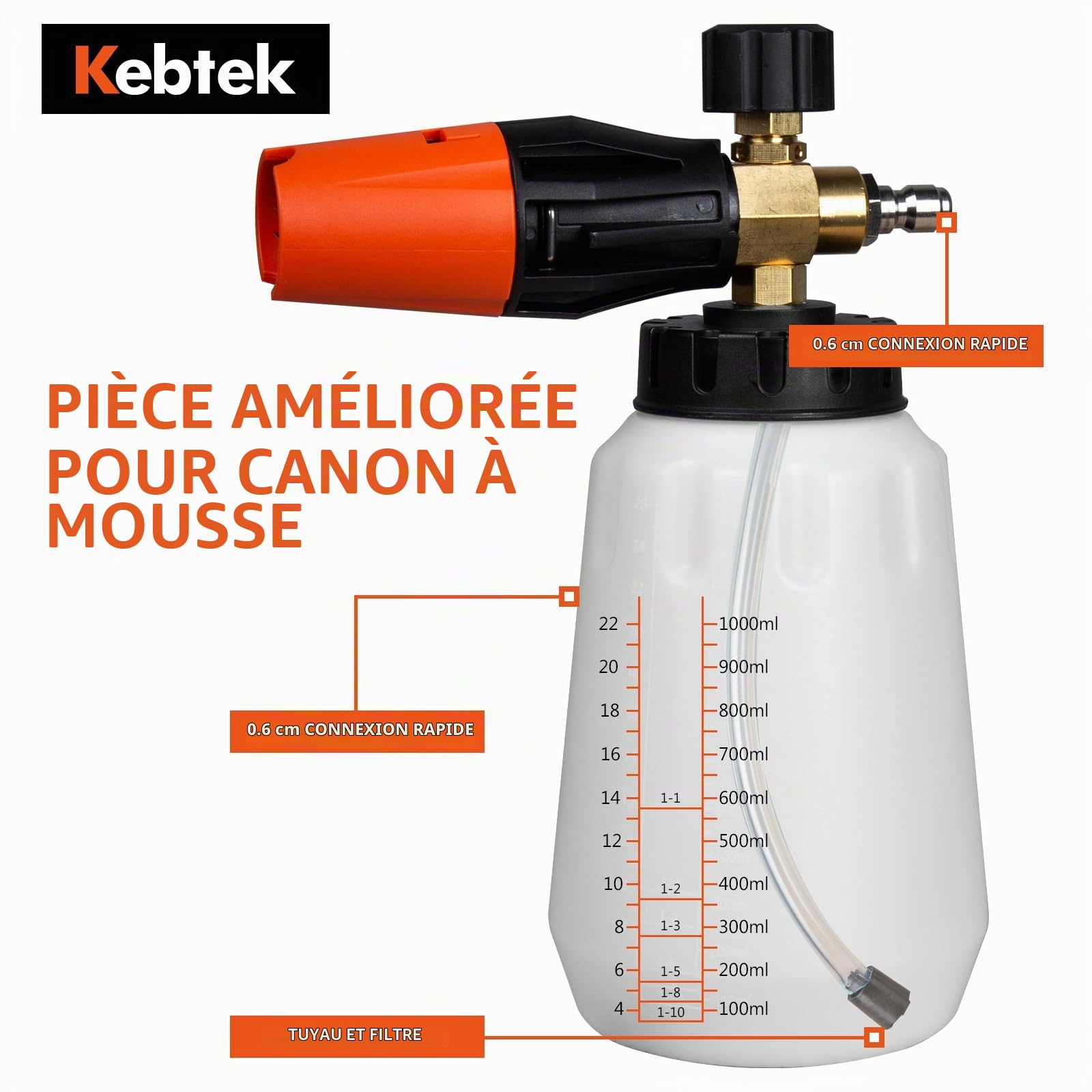 Kebtek Canon à Mousse et Pistolet Haute Pression 5200 PSI pour Lavage Voiture Auto, avec 6-en-1 Embouts de Buse et Adaptateur Compatible avec Karcher K2-K7 (MRP-001-A)