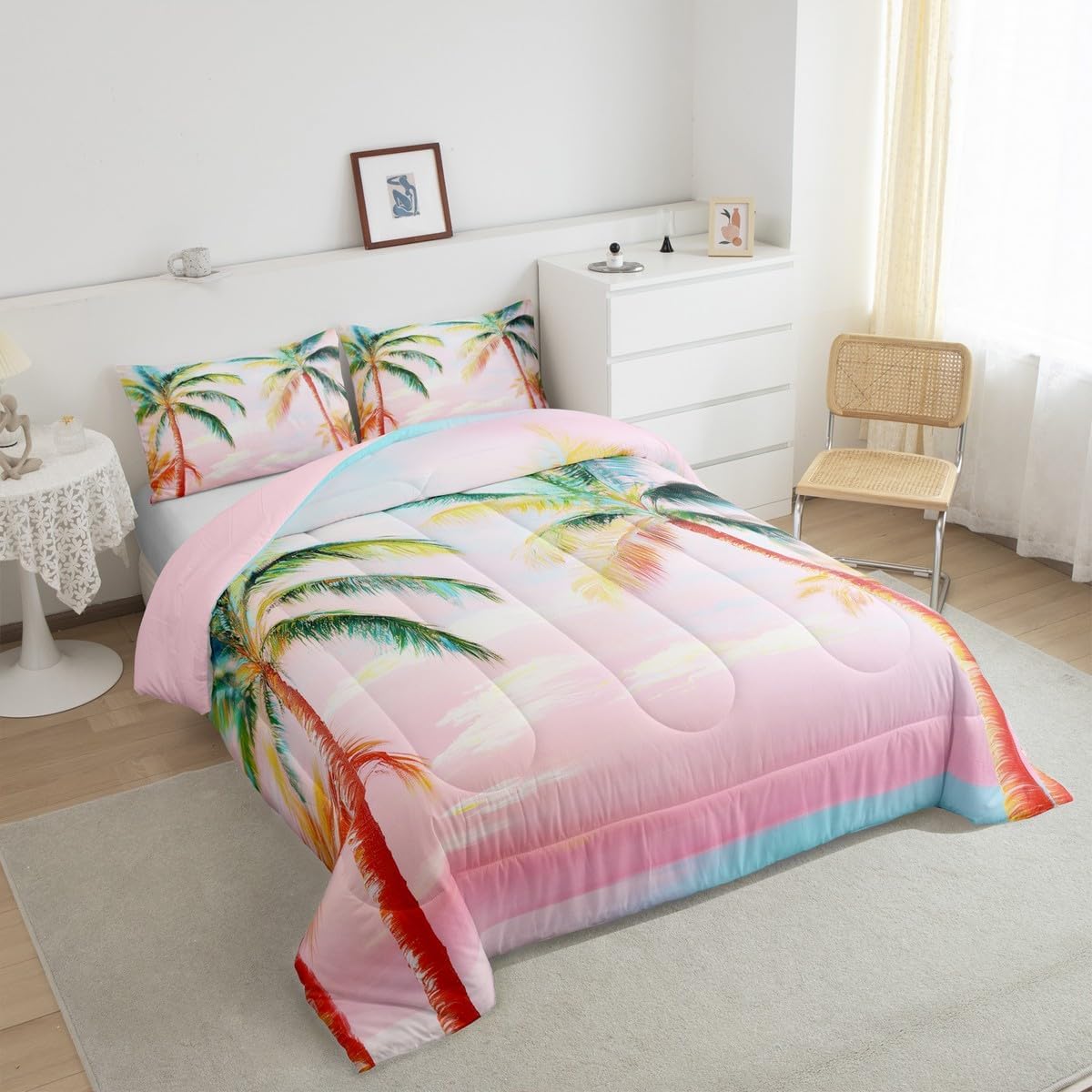 Castle Fairy Coconut Tree Kids Queen Comforter Sets,Gradient Pink Sunset Bedding Set for Women Men Children,Ocean Seaside Landscape 3 Pieces Quilt Sets,Tropical Plants Duvet Insert,2 Pillow Cases