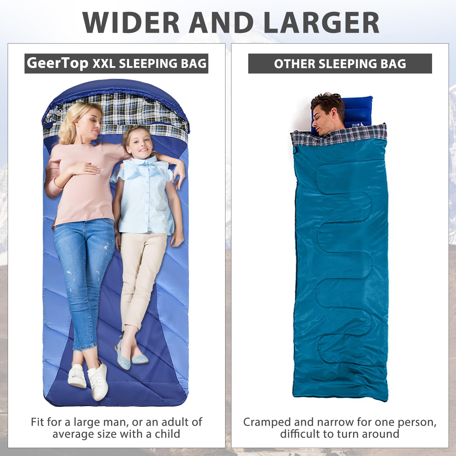 GEERTOP Sac De Couchage XXL 4 Saisons Flanelle 220x100cm - Chaud Et Confortable Pour Camping