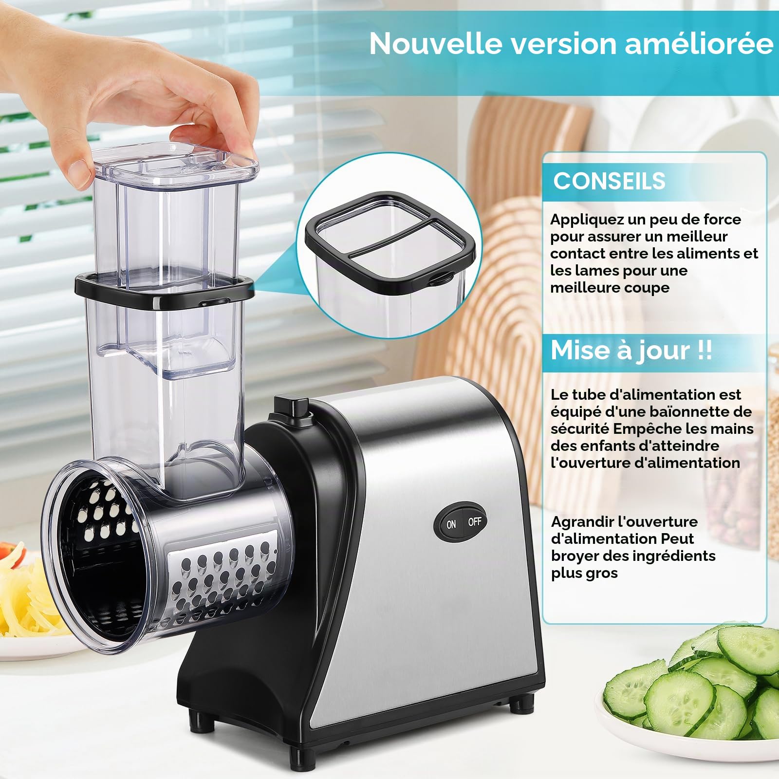 Coupe-légumes électrique, Gros Calibre Amélioré Rape à Fromage, 250W Râpe a Légumes Électrique, Hachoir Multifonctionnel Râpe, Râpe Carottes Electrique, avec 5 Lames