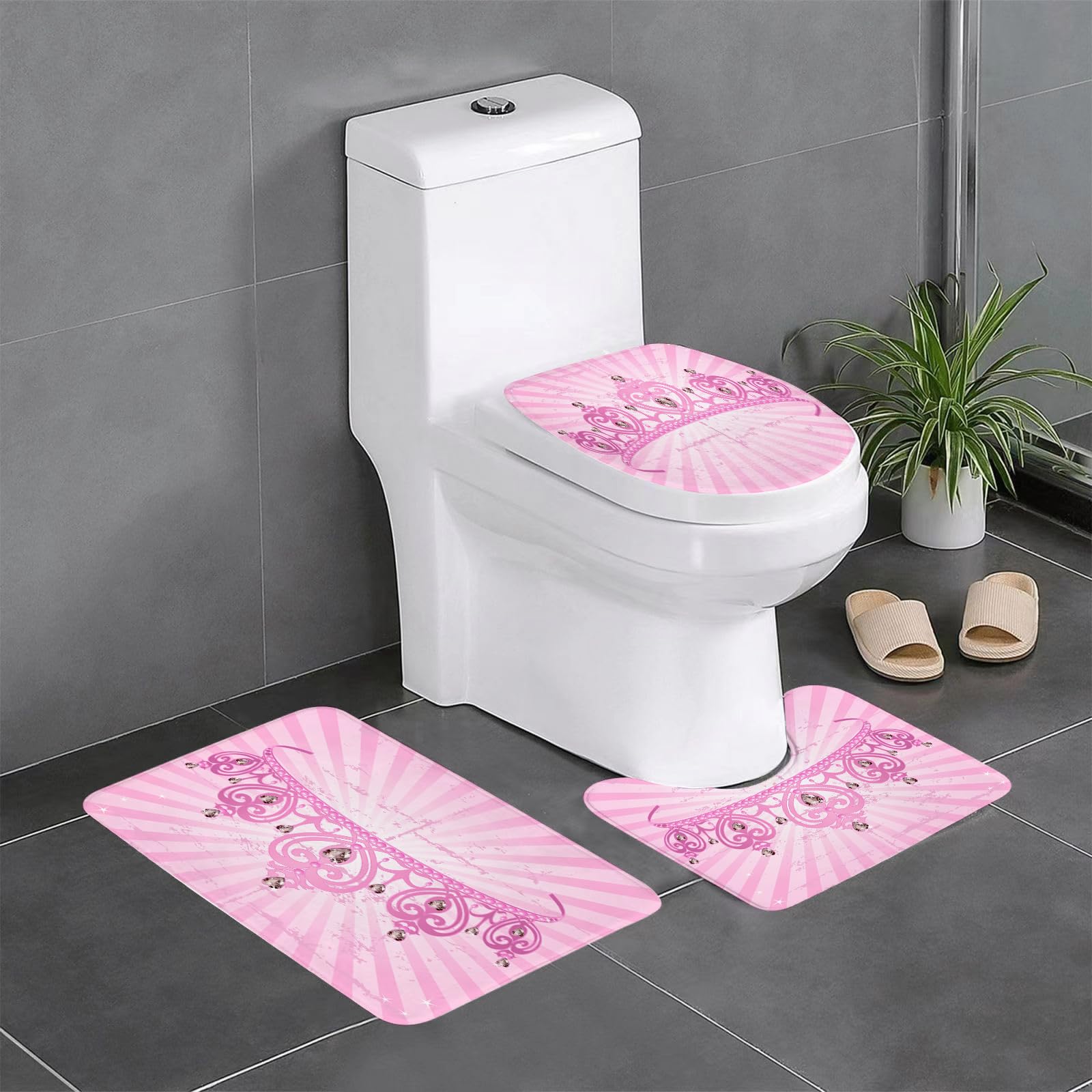 Set di 3 tappetini da Bagno, Lavabili in Lavatrice e Antiscivolo, in Morbida Fibra Superfine, con Tema Queen Childhood Theme Pink Heart.