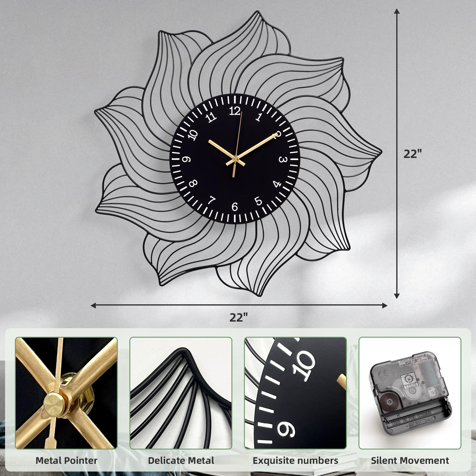 Amazon.com: XGGJWW 22 Inch Flower Wall Clock, Silent Non-Ticking