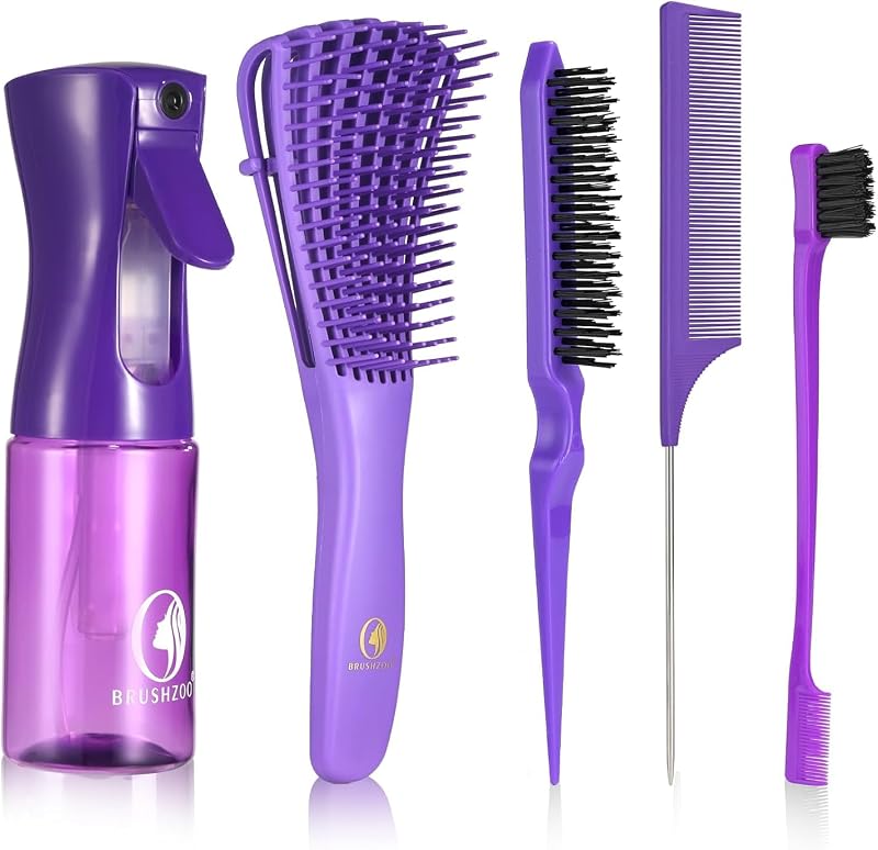 BRUSHZOO Juego de cepillos para el cabello para mujeres, todo estilo para desenredar el cabello, morado | Cepillo desenredante, botella de spray para el cabello, cepillo para burlas, peine de cola de rata, para cabello seco y húmedo, para mujeres, hombres y niños