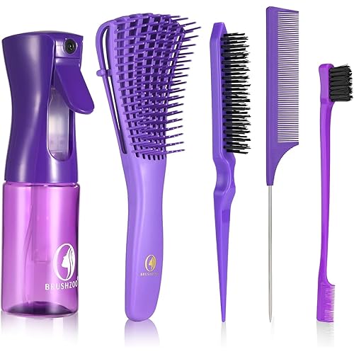 Hair Brush Set, Hair Brushes for Women Men kid Wet Dry All Hair Detangling Parting Styling, Brush Set with Detangler Brush, Edge Brush, Teasing brush, Rat Tail Comb (Purpe)