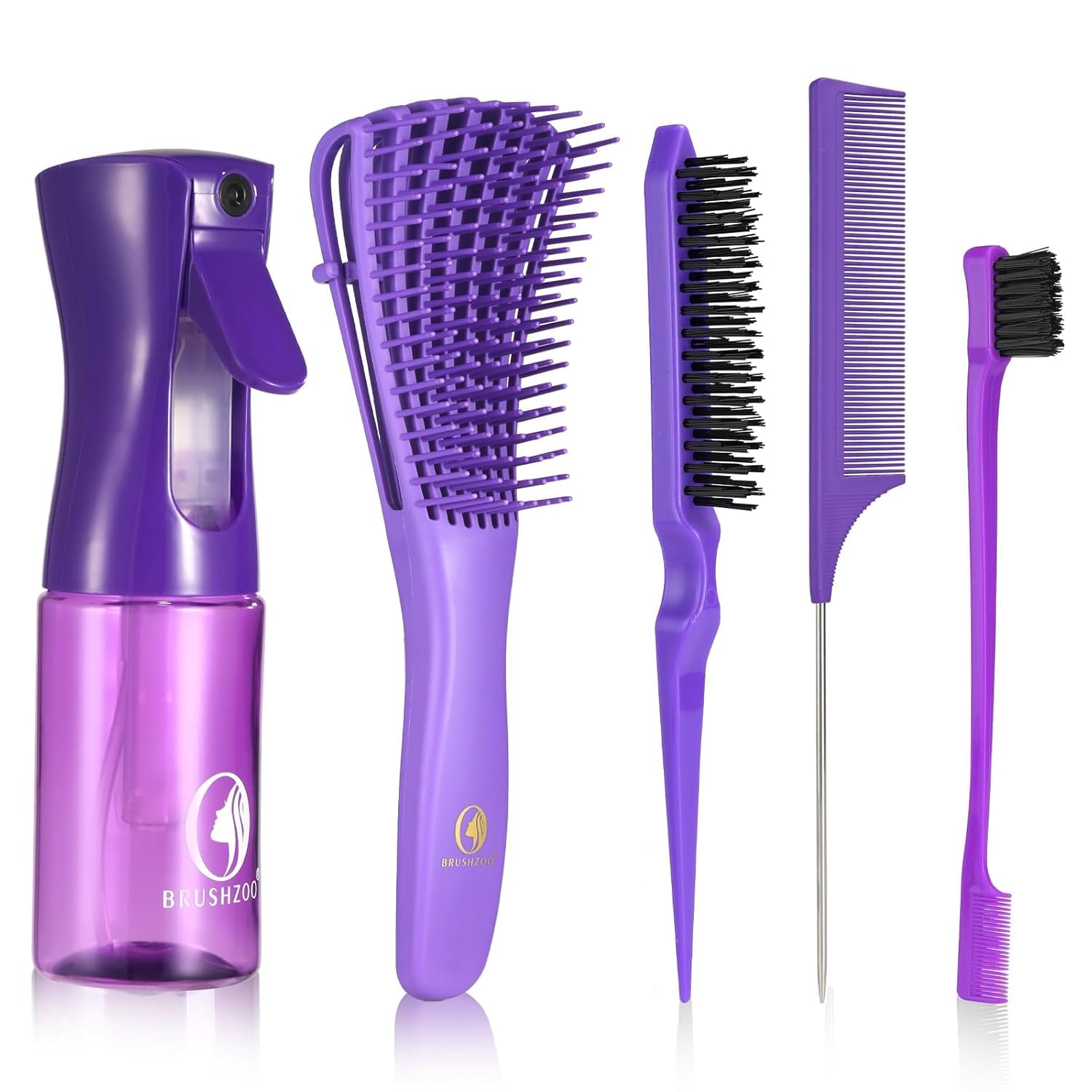 O BRUSHZOO Hair Brush Set, Hair Brushes for Women Men kid Wet Dry All Hair Detangling Parting Styling, Brush Set with Detangler Brush, Edge Brush, Teasing brush, Rat Tail Comb (Purpe)
