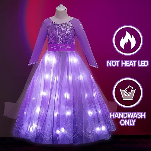 Vista 4 de Vestido de princesa iluminado para niñas, disfraz de Halloween, disfraz de Navidad para fiestas de cumpleaños, color morado