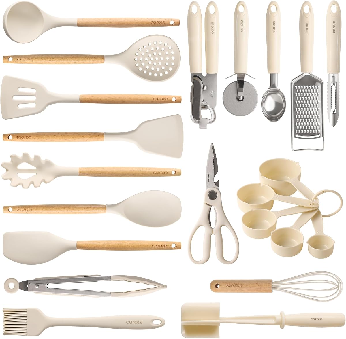 22-Piece Cooking Utensils Set with Wood Cool-Touch Handles, Cream | Silicone Kitchen Utensil, Food Grade, Nonstick Cookware Friendly, BPA-Free, Heat-Resistant, Everyday Home Essentials, Gifts