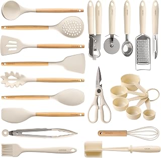 CAROTE 22-Piece Silicone Cooking Utensils Set, 446°F Heat Resistant with Wooden Handles, Non-Stick Safe Turner Spatula Whisk Tongs