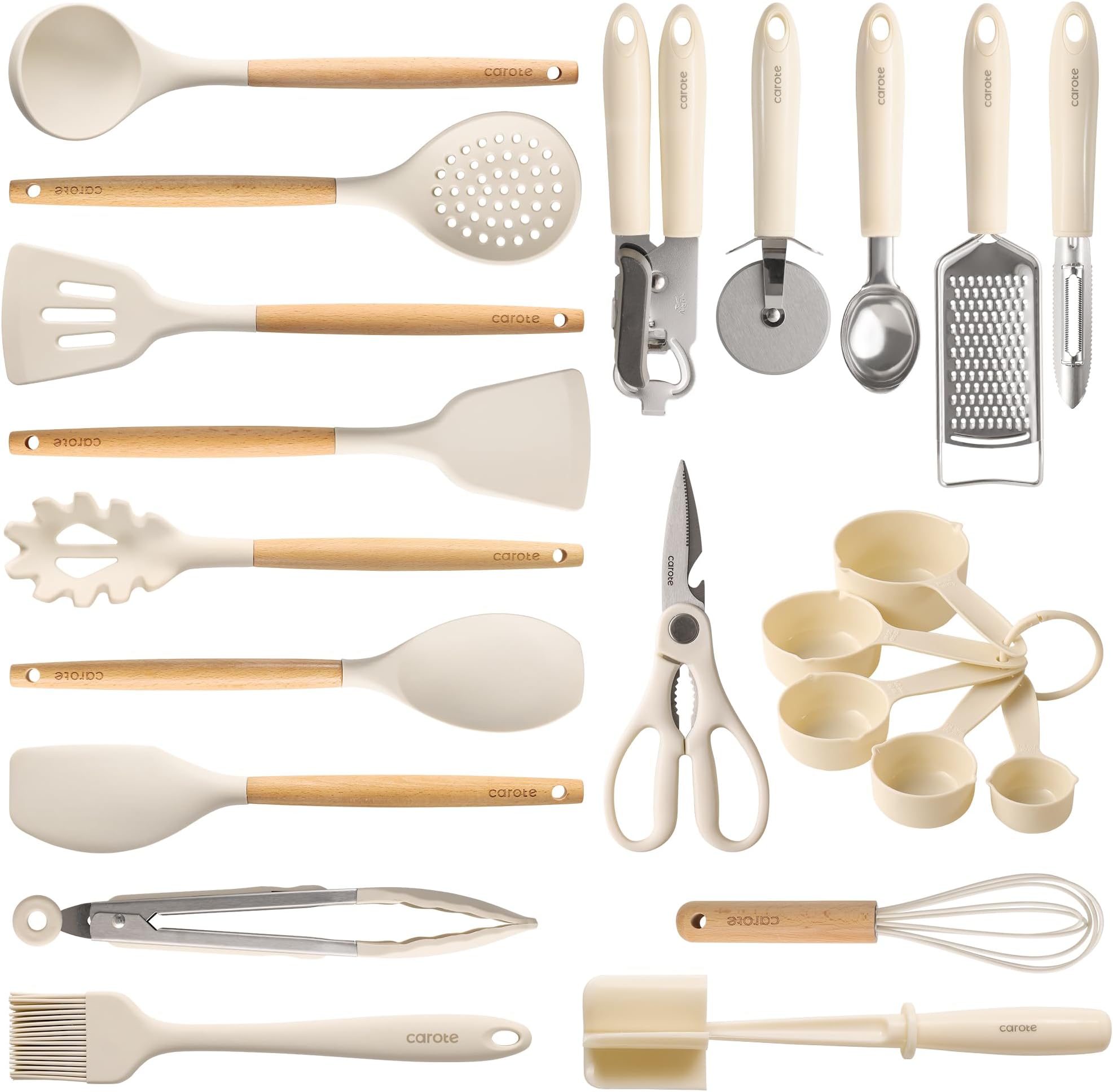 CAROTE 22pcs Silicone Cooking Utensils Set, 446°F Heat Resistant Kitchen Utensils Gadgets Set, Spatula, Turner, Whisk, Tongs