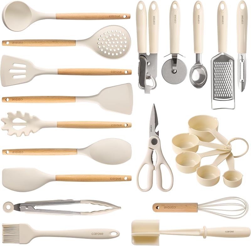 CAROTE Juego de utensilios de cocina de 22 piezas con mangos de madera Cool-Touch, color crema