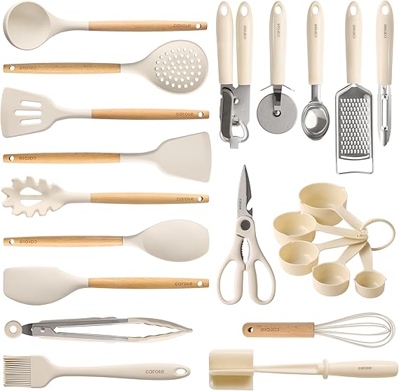 CAROTE 22pcs Silicone Cooking Utensils Set, 446°F Heat Resistant Kitchen Utensils Gadgets Set, Spatula, Turner, Whisk, Tongs