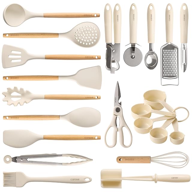CAROTE 22pcs Silicone Cooking Utensils Set 446 F Heat Resistant Kitchen Utensils Gadgets Set Spatula Turner Whisk Tongs