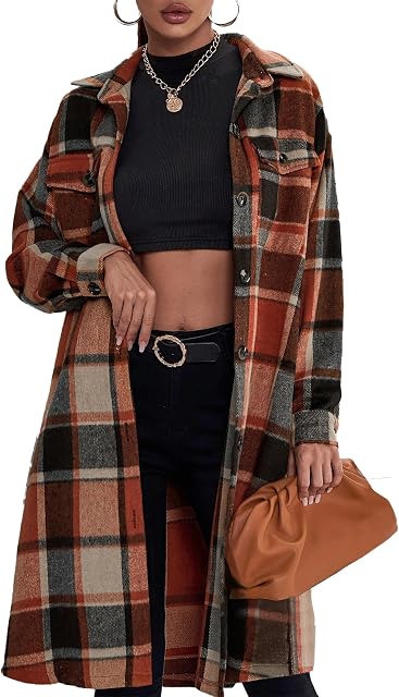 Women's Flannel Plaid Shirt Casual Lapel Button Down Long Winter Jacket Shacket